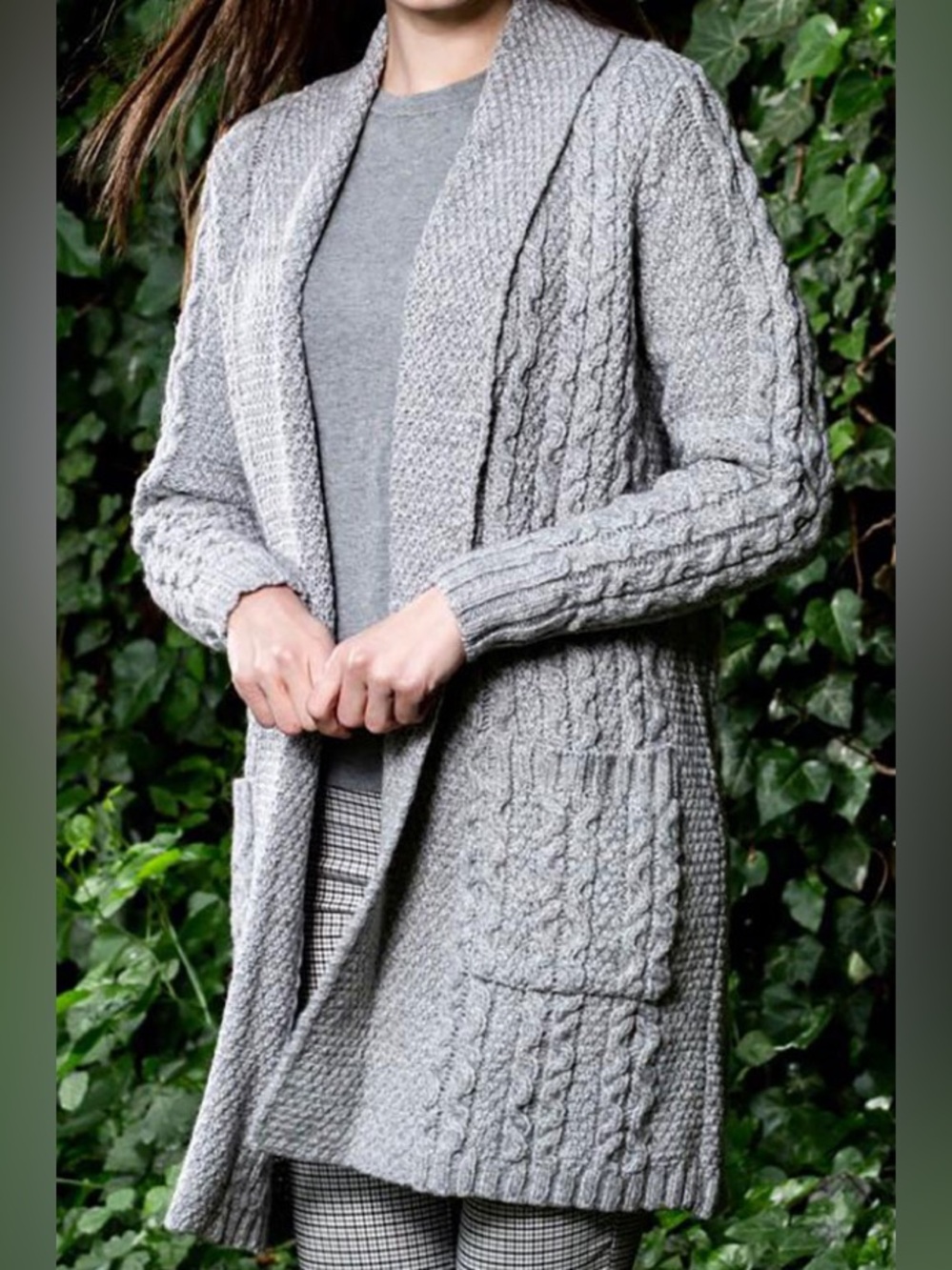 Aran Crafts XXL Light Gray Cable Knit Cardigan with pockets